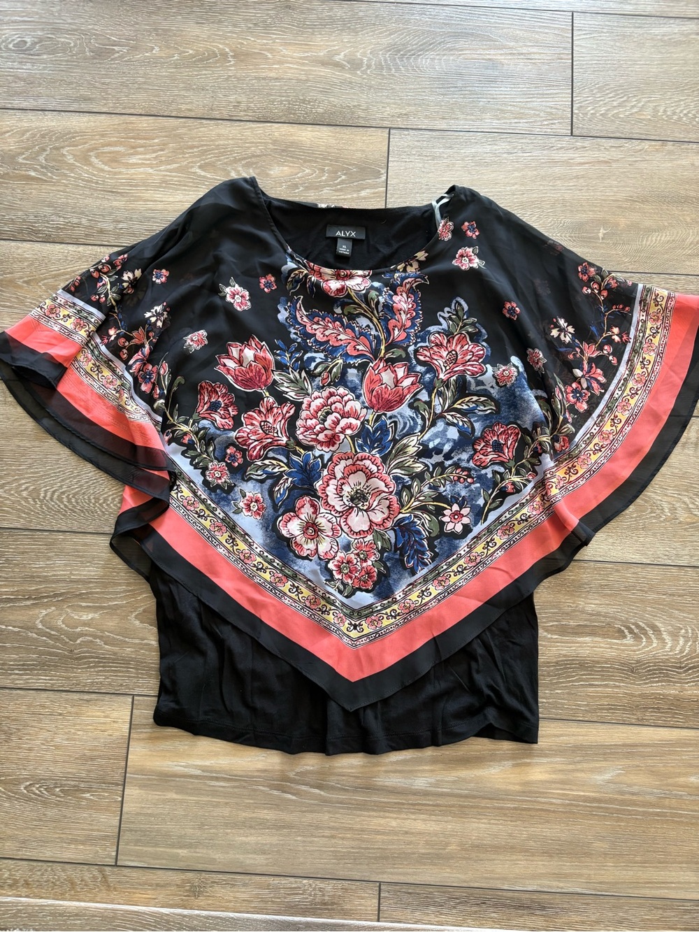 ALYX Black Floral Poncho Top with Coral and Blue Accents